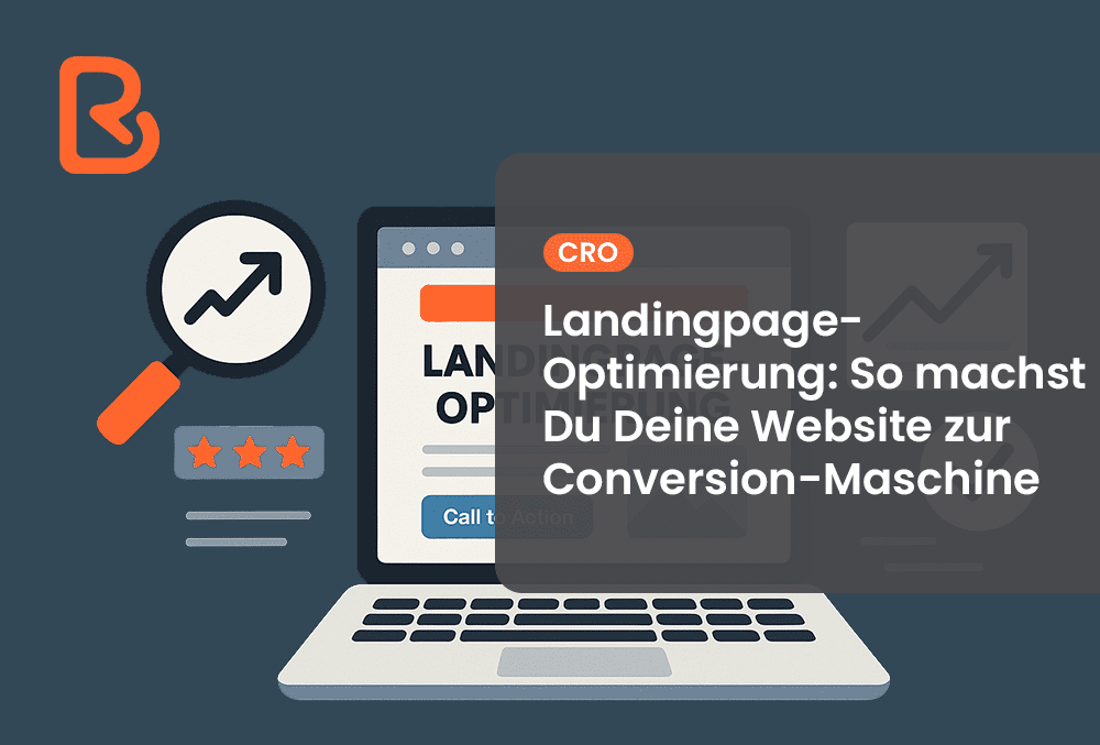 Illustration zur Landingpage-Optimierung mit Laptop, Call-to-Action, SEO-Icons und Conversion-Grafik